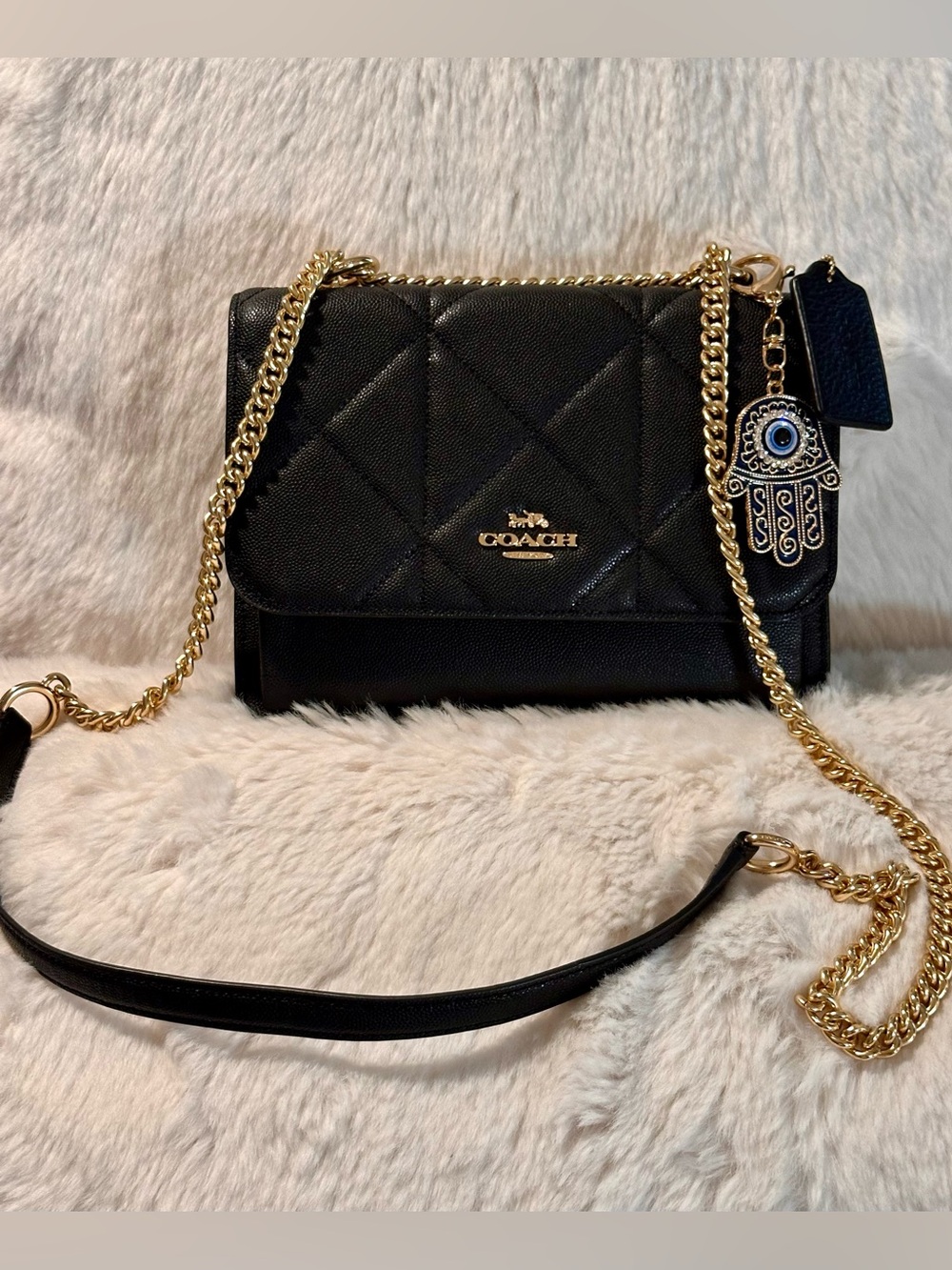 Authentic Coach Klare Black Quilted Caviar Leather Crossbody & Hamsa Bag Charm!